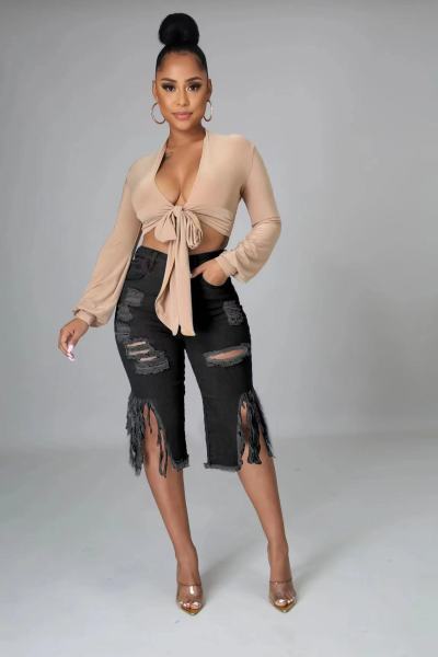 Elastic fringe distressed jeans