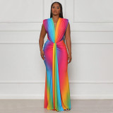Women's sleeveless printed sexy deep V-shaped slim fit dress