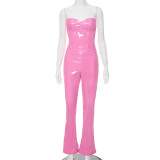 Leather fishbone splicing bra top with micro flared pants set