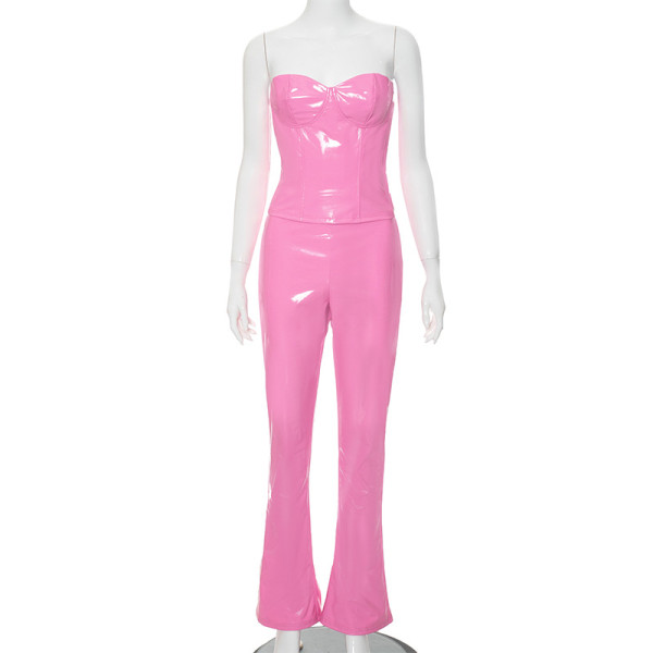 Leather fishbone splicing bra top with micro flared pants set