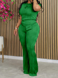 Large Wave Pattern Short Sleeve Flare Pants Set