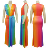 Women's sleeveless printed sexy deep V-shaped slim fit dress