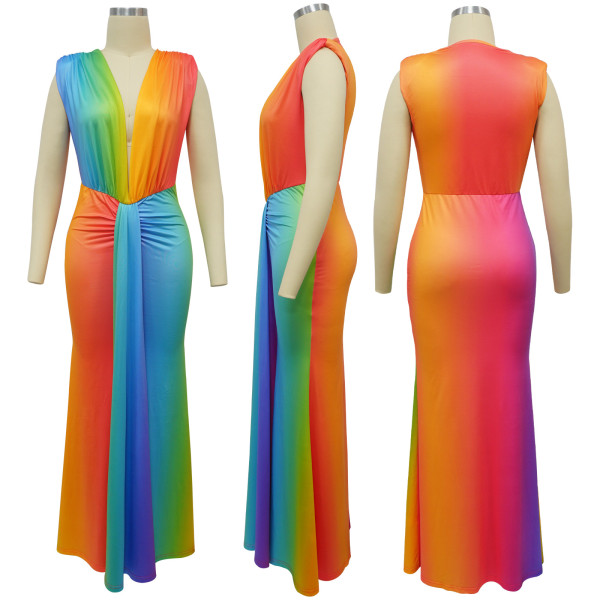Women's sleeveless printed sexy deep V-shaped slim fit dress