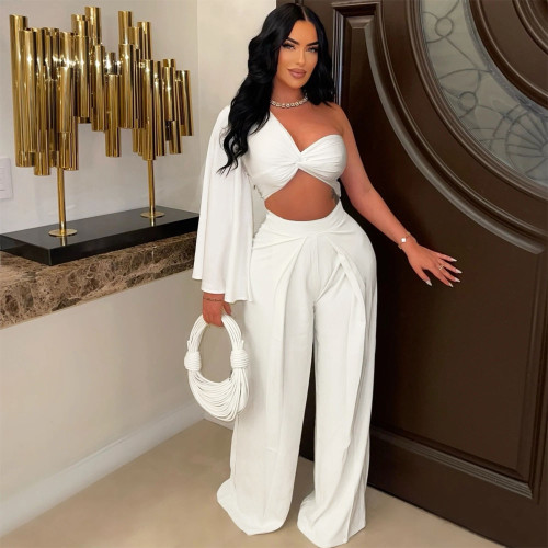 Single shoulder pleated casual solid color set