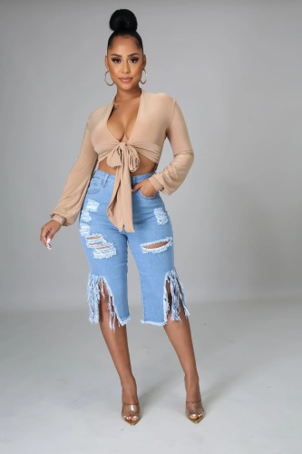 Elastic fringe distressed jeans