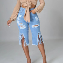 Elastic fringe distressed jeans
