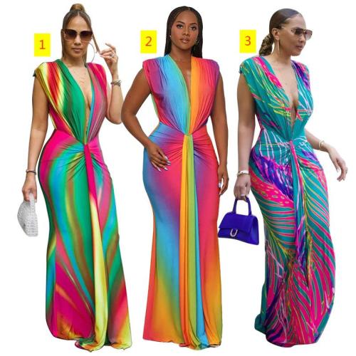 Women's sleeveless printed sexy deep V-shaped slim fit dress