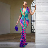 Women's sleeveless printed sexy deep V-shaped slim fit dress