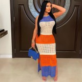 Women's fishing net contrasting color sleeveless slit beach dress