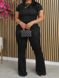 Large Wave Pattern Short Sleeve Flare Pants Set