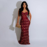 Sequin party long dress with suspender and buttocks wrapped A-line skirt