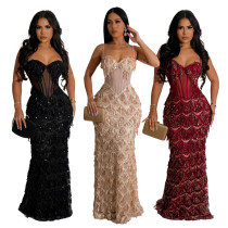 Sequin party long dress with suspender and buttocks wrapped A-line skirt