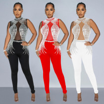 Solid color mesh hot diamond sleeveless long pants jumpsuit