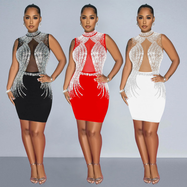 Solid color mesh hot diamond sleeveless short skirt dress