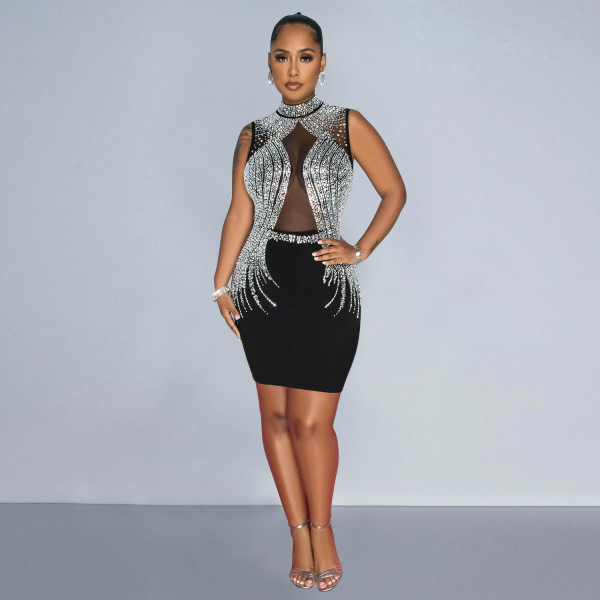 Solid color mesh hot diamond sleeveless short skirt dress