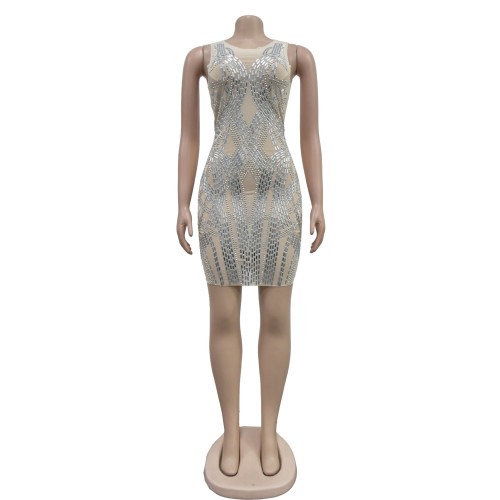 Mesh hot diamond short skirt dress