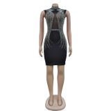 Solid color mesh hot diamond sleeveless short skirt dress