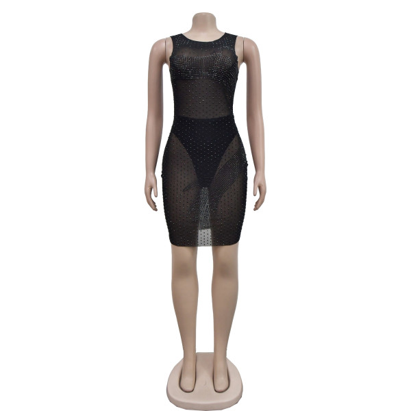 Women's patchwork sleeveless hot diamond dress