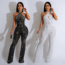 Solid color hot diamond sleeveless hanging neck long pants jumpsuit