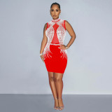 Solid color mesh hot diamond sleeveless short skirt dress