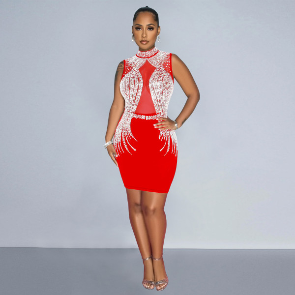 Solid color mesh hot diamond sleeveless short skirt dress