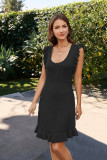 Round neck solid color medium length wooden ear edge dress