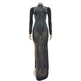 Solid color mesh hot diamond split long dress