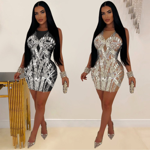 Mesh hot diamond short skirt dress