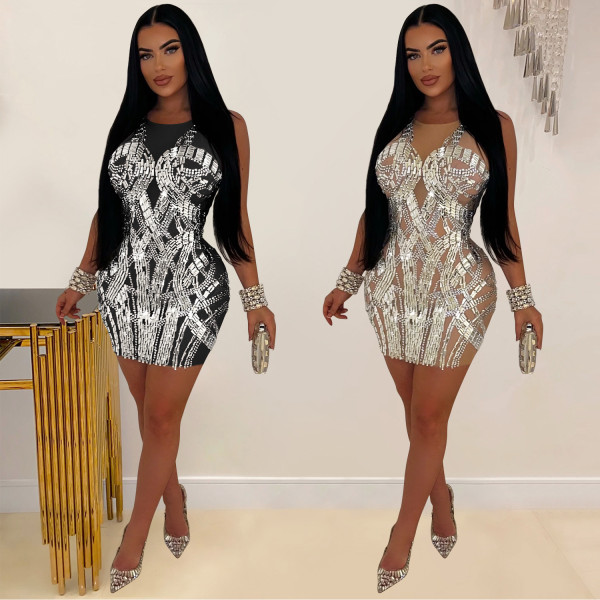 Mesh hot diamond short skirt dress