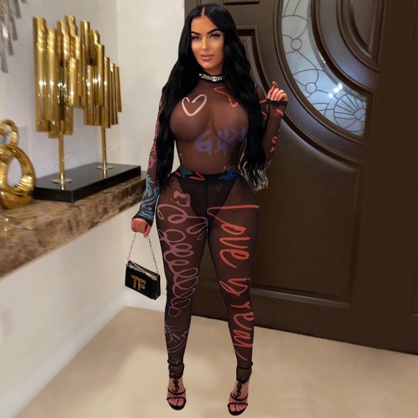 Printed perspective jumpsuit long pants with long sleeves