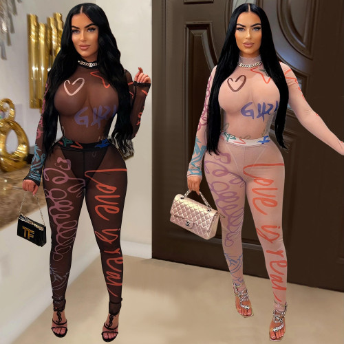 Printed perspective jumpsuit long pants with long sleeves