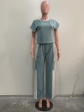 Color blocking loose short sleeved straight leg pants two-piece set