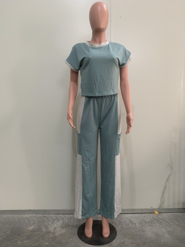 Color blocking loose short sleeved straight leg pants two-piece set
