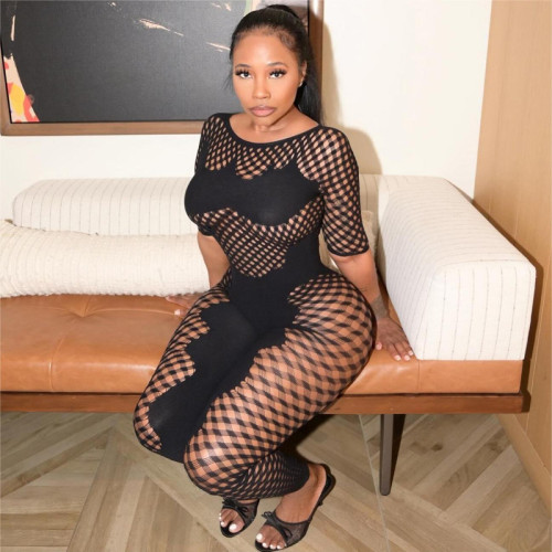 Round necked hollow fit sexy short sleeved integrated knitted jumpsuit