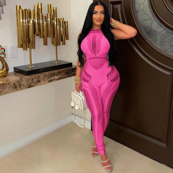 Round necked sleeveless sexy slim fit hollow out knit jumpsuit