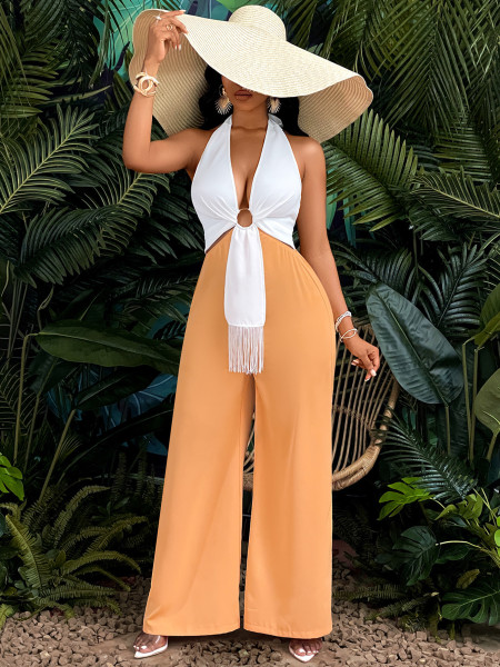 Hanging neck metal contrasting jumpsuit