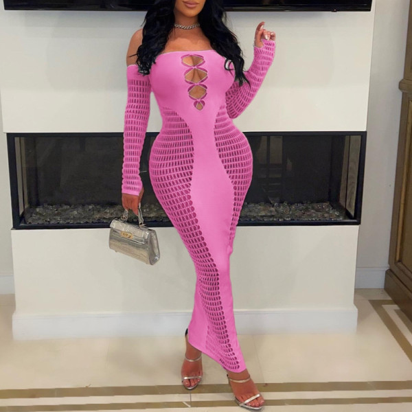 One line neckline, sleeveless, hollowed out one piece knitted buttock wrap dress