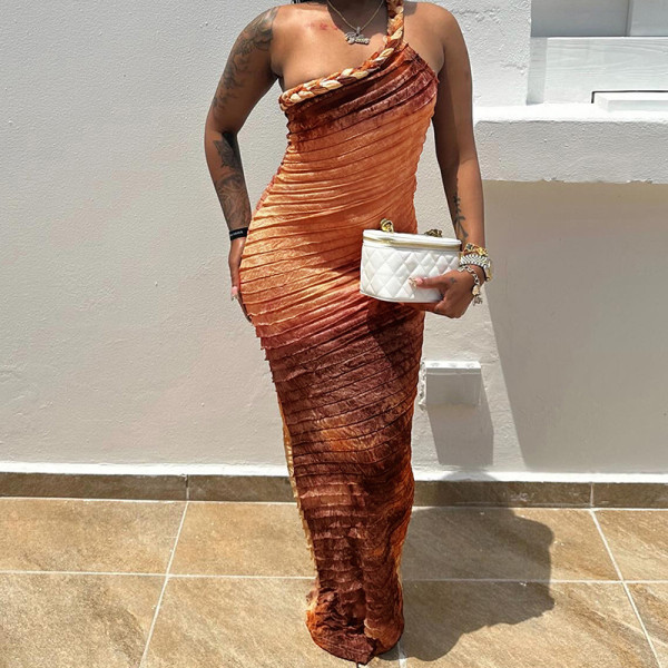 Retro and personalized diagonal neckline strap long dress