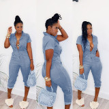 Twist button semi elastic waist jumpsuit capris jumpsuit