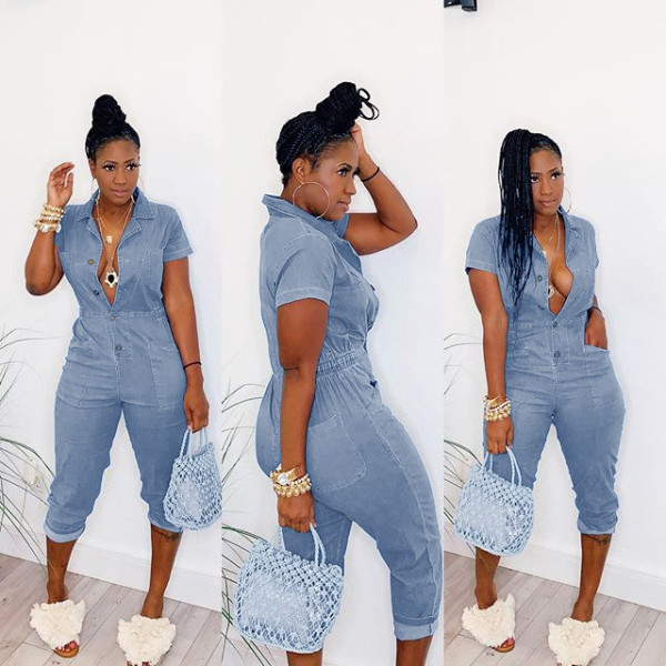 Twist button semi elastic waist jumpsuit capris jumpsuit