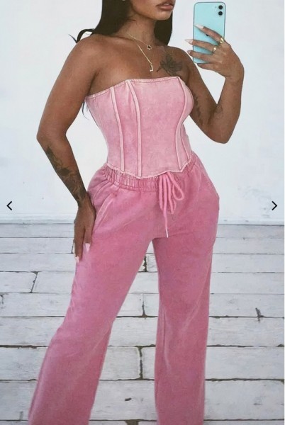 Women's strapless vest with drawstring three-dimensional wide leg pants set