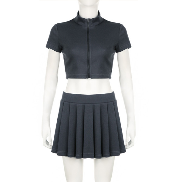 Embroidered letter half high neck short zippered cardigan+high waist pleated skirt