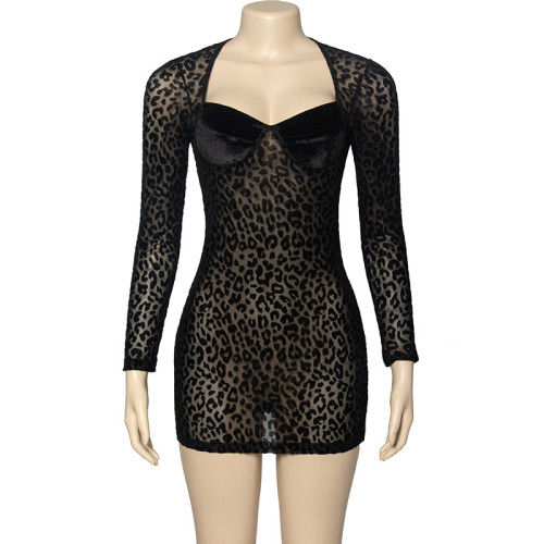 Leopard print plush mesh sexy buttock wrap short dress