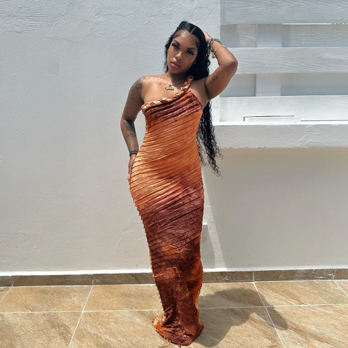 Retro and personalized diagonal neckline strap long dress