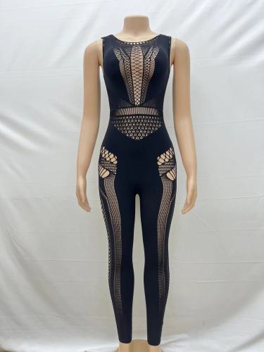 Round necked sleeveless sexy slim fit hollow out knit jumpsuit