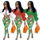 Lantern sleeve lace up pants set, high waisted pants set