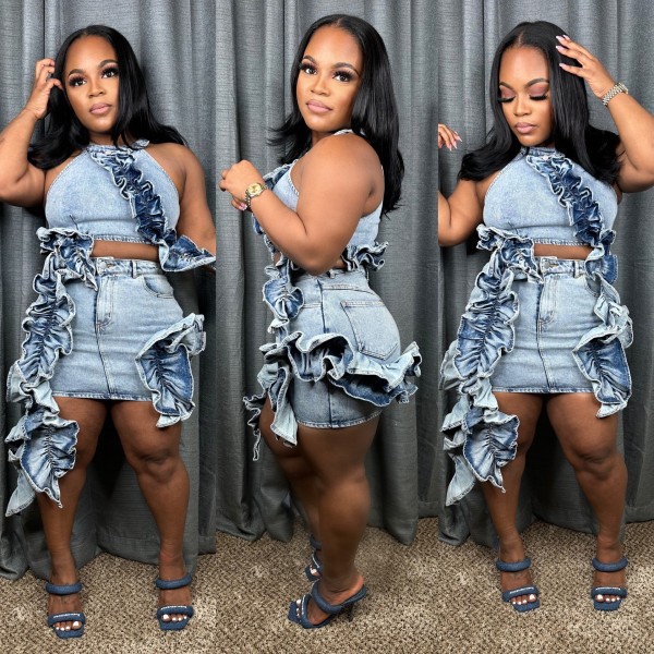 Wood ear edge elastic washing zipper denim skirt set