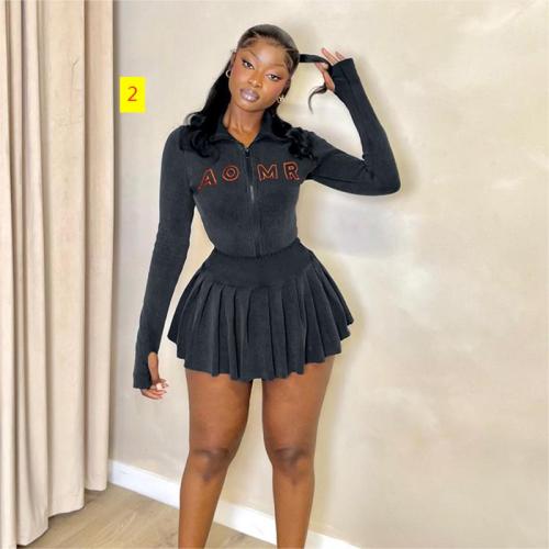 Embroidered letter half high neck short zippered cardigan+high waist pleated skirt