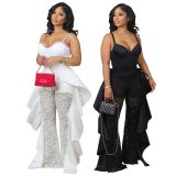 Women's lace pants with ruffled edges and sexy perspective pants