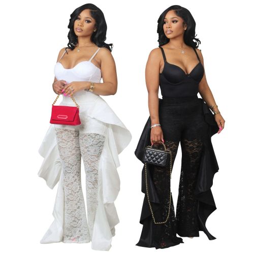 Women's lace pants with ruffled edges and sexy perspective pants